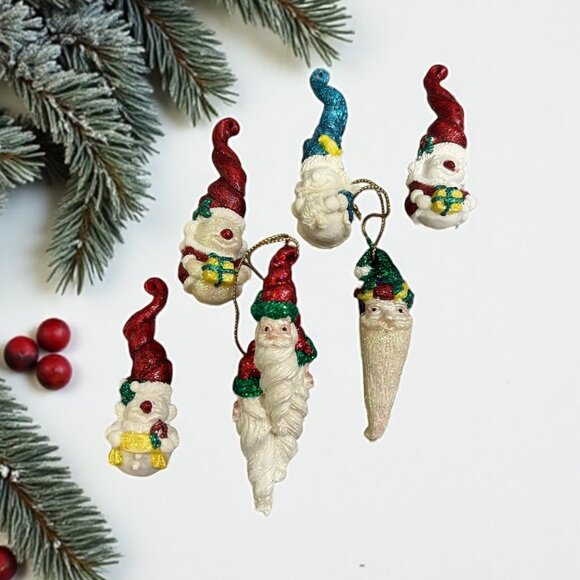 Vintage 1970s Plaster Chalkware  Elf Santa Claus Christmas Ornament Set of 6 - Picture 1 of 9